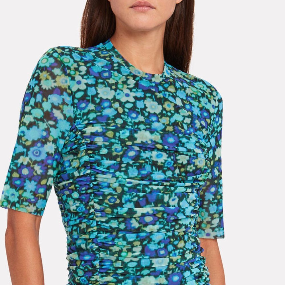 GANNI Floral Mesh Ruched Dress